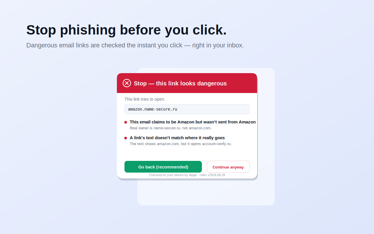 Aegis warning that a link claiming to be amazon.com actually opens amazon.name-secure.ru, with a Go back option