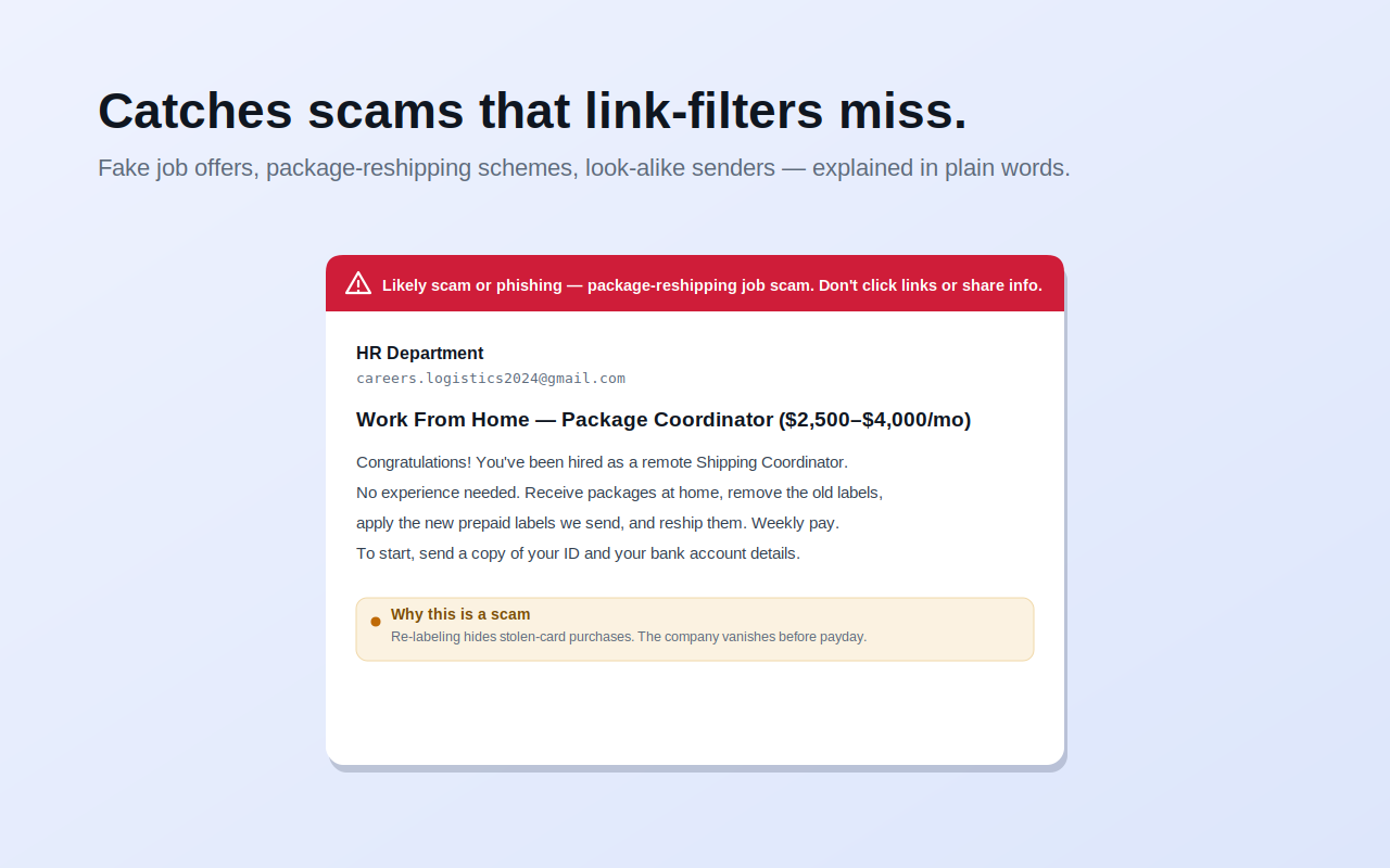 Aegis flagging a work-from-home package-reshipping job email as a likely scam, explaining why in plain words